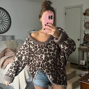 Free People Brown and Cream V-Neck Sweater